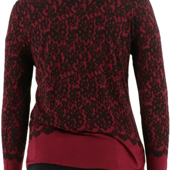 Kelly Clinton Kelly Printed Lace Jersey Scoop Top Satin Trim Wine M NEW - Picture 7 of 8